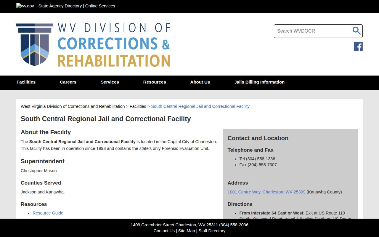 South Central Regional Jail Kanawha release contact record