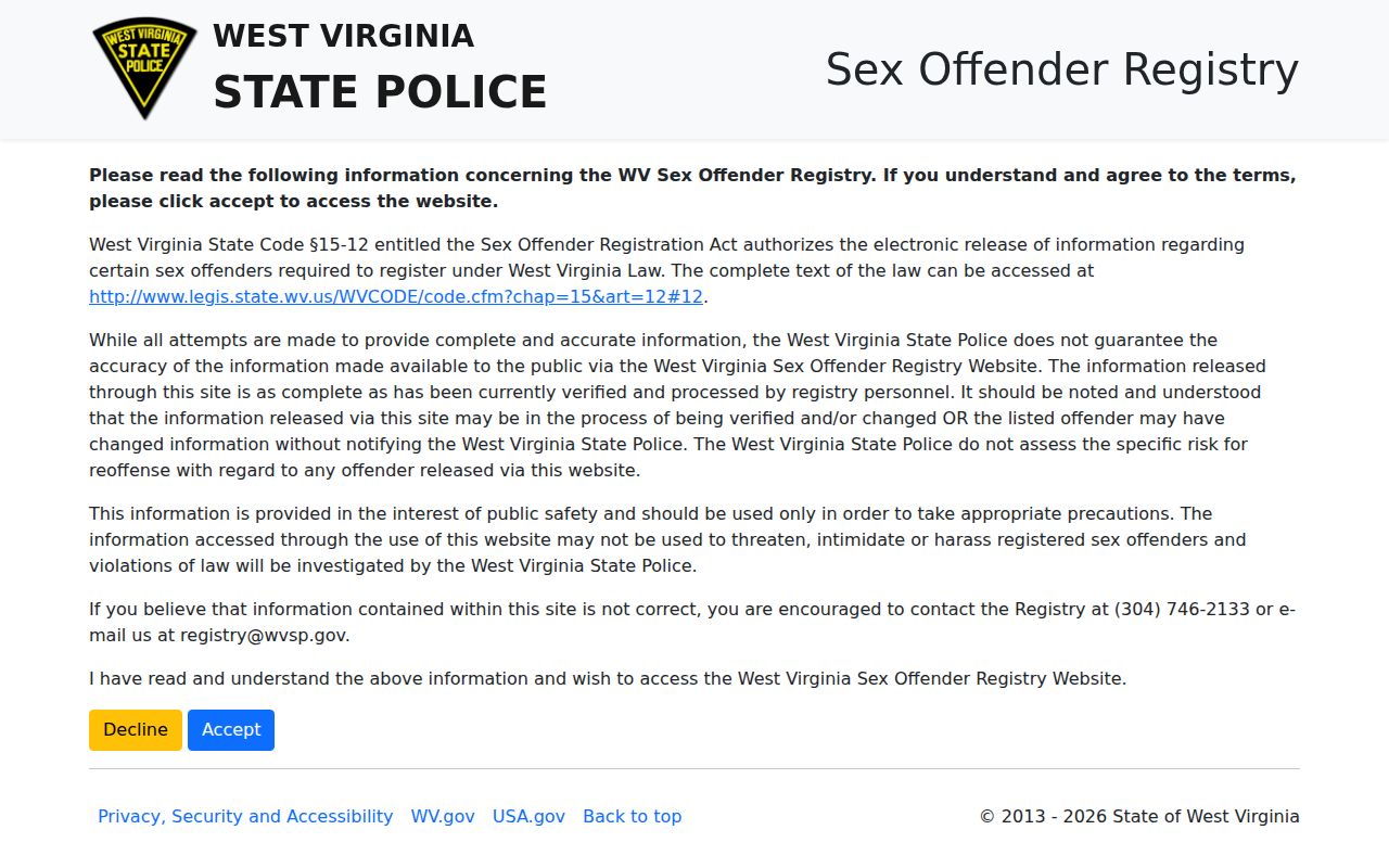 West Virginia State Police registry scope and disclaimer