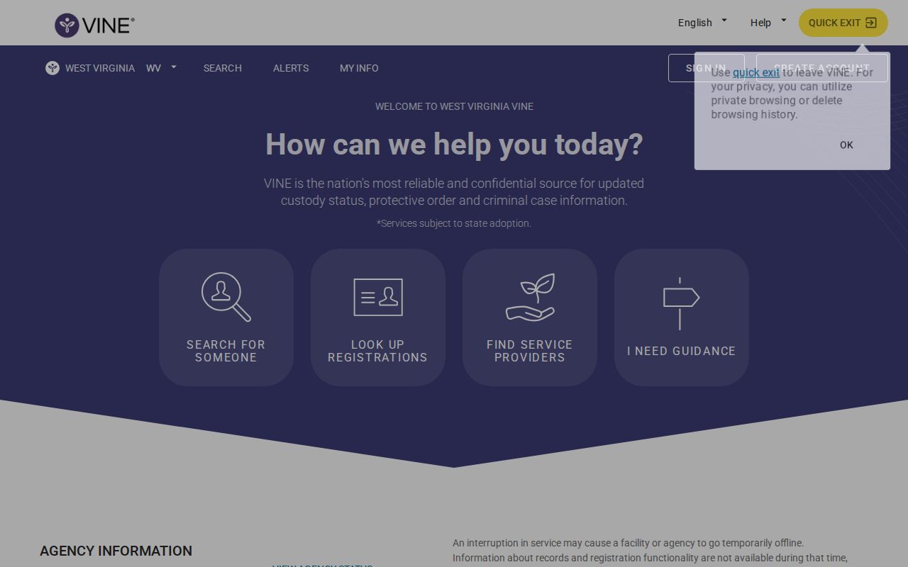 VINELink West Virginia person search entry screen