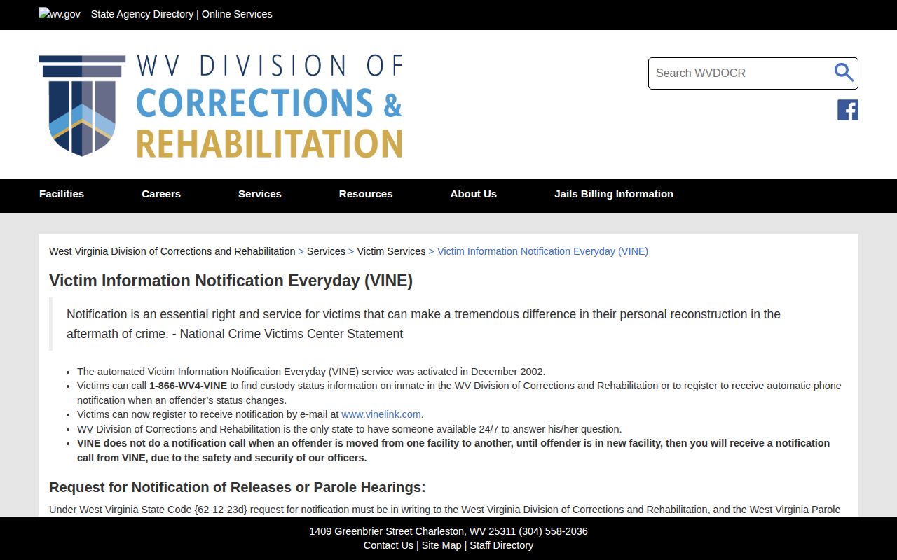 West Virginia DCR VINE service and contact page
